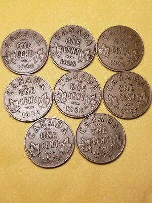 Canada King George V Small Cents Collection Of 8 Pennies 1920,28,29,32 To 36 . - Image 1 of 2
