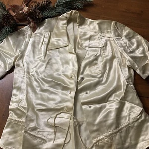Vtg. Cream Color Satin Blouse Shirt Costume Snaps Collar Drawstring Short Sleeve - Picture 1 of 9