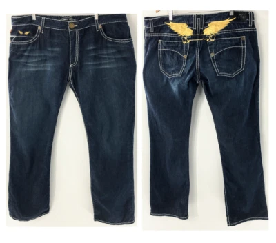 Pantalones de mezclilla Robins para hombre azules clásicos bordados alas doradas costuras pesadas 44 x 35 Foto 1 de 4