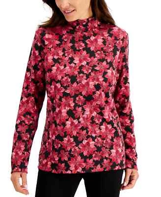 Karen Scott (AU21-42*) Plus Cotton Blend Poinsettia-Print Knit Top Black Sz 1X - Image 1 of 2