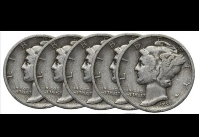 LOT OF 5 SILVER MERCURY DIMES (5 PC. LOT) CIRCULATED FAST FREE SHIPPING - Image 1 of 4