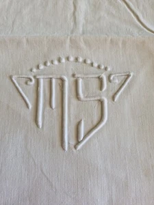 Ancien drap en métis monogramme MS jours  drap 02 ref 919 - Photo 1/6