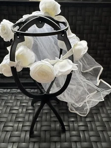 Bridal Veil White Roses Floral Headband Shimmery Tulle Short Simple Minimal NEW - Picture 1 of 3