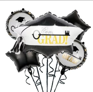 Graduation Party Balloon Bouquet Congrats Grad Foil Balloons 5pc Black White 5pc - Picture 1 of 2