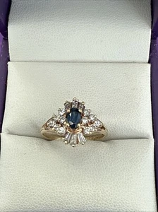 ๐ LADIES 14K YELLOW GOLD LAB CREATED BLUE SAPPHIRE & DIAMOND RING SZ 6 - Picture 1 of 8