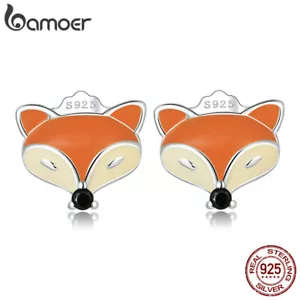 Bamoer Women Authentic 925 Sterling Silver Cute fox enamel stud Earrings Jewelry - Picture 1 of 12