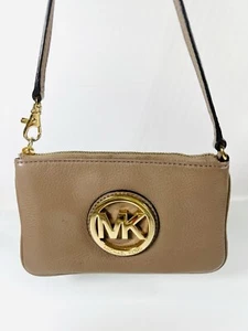 Vintage Michael Kors Fulton Leather Wristlet, Beige/Gold - Picture 1 of 16