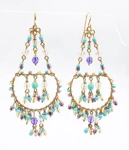 GORGEOUS Royal Purple Turquoise Citrine Crystals Gold Filled Chandelier Earrings - Picture 1 of 4