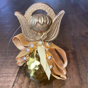 Vintage Handmade Sequin Christmas Angel Ornament Pushpin Gold Beads MCM - Picture 1 of 7