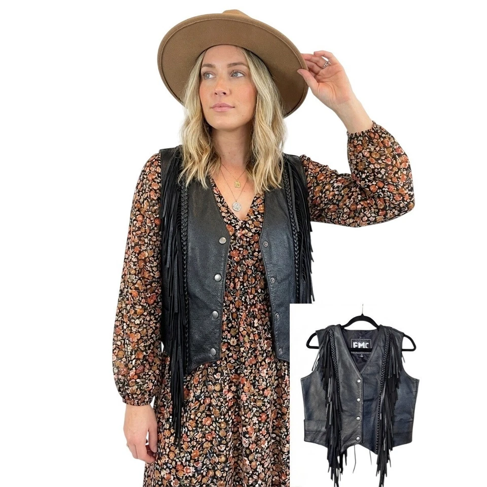 Chaleco De Colección FMC FMC Cuero Negro Flecos Trenzado Con Cordones M Motocicleta Motociclista Occidental Foto 1 de 4