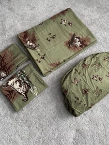 Woolrich Full Size Flannel Sheet Set Hunting Dogs Ducks Drab Olive Green - Picture 1 of 8
