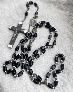 French 100th Anniversary Lourdes Rosary Black Glass 23” Commerative 1853-1953 - Picture 1 of 17