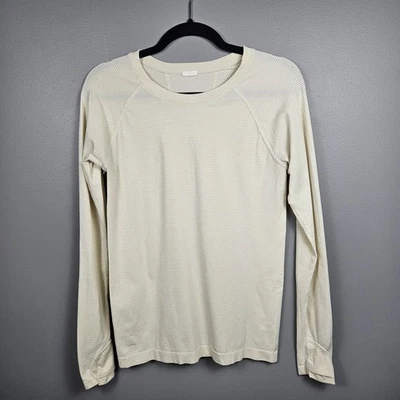 Athleta Momentum 无痕珠光罗纹长袖上衣奶油色金属色小号 — 第 1/4 张图片