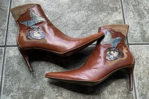 Mauro Marsili braune bestickte Leder Sthiluette spitz zulaufende Stiefel, Gr. 38 Italy - Bild 1 von 5