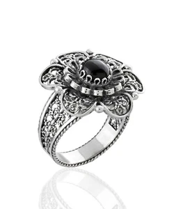 Sterling Silver Filigree Art Malachite Gemstone Women Daisy Cocktail Ring - Bild 1 von 36