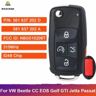 for VW Volkswagen Jetta Passat Golf BeetleGTI Remote Key Fob 561 837 202 A / D Foto 1 de 3