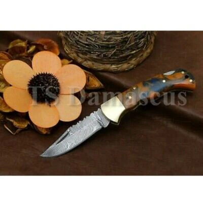 HAND MADE DAMASCUS  FOLDING KNIFE WITH RESSIN HANDLE & LEATHER SHEATH - Image 1 of 4