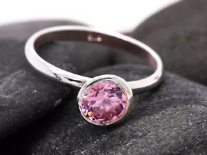 Solid Sterling Silver 925 Pink CZ Round Stacking Stacker Ring Size L British - Picture 1 of 6