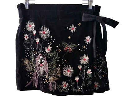 Zara Womens Black Velvet Embroidered Lady Floral Deer Wrap Skorts Skirt M - Image 1 of 4