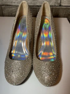 Scarpe da ballo eleganti da notte décolleté oro scintillante strass tacco glitter taglia 9,5 M - Foto 1 di 4