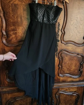 G by Guess Black Pleated Faux Leather Maxi Asymmetrical Strapless Dress - Image 1 of 4