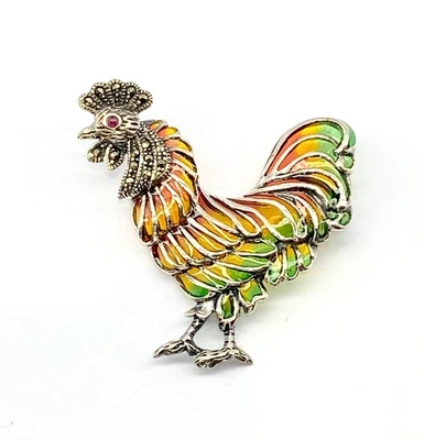 Broche Pollo Plata 925 Rubí Real Marcasita Plique a Jour 6 x 4,7 cm Nuevo Foto 1 de 4