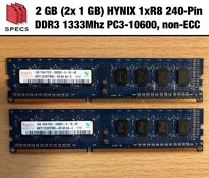 2 GB (2x 1 GB) HYNIX 1xR8 240-Pin DDR3 1333MHz PC3-10600, CL9, non-ECC - Bild 1 von 2