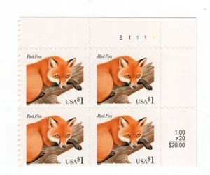 1996 $1 Red Fox Plate Block, Scott #3036, Mint NH - Picture 1 of 1
