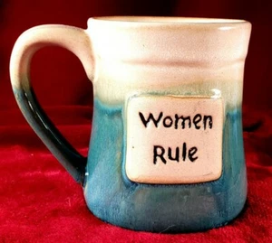 Large Blue & Tan Ceramic "Women Rule" Mug. 4 7/8" Tall - Picture 1 of 9