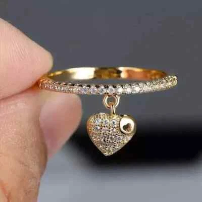 2.10 Ct Round Simulated Diamond Women's Heart Dangle Ring 14K Yellow Gold Plated - Image 1 of 4