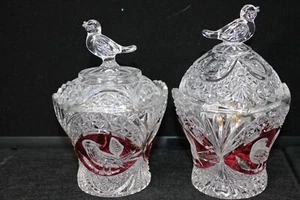 PAIR HOFBAUER Byrdes Collection Ruby Lead Crystal Sugar, Jam or Jelly Jar {9287} - Picture 1 of 5