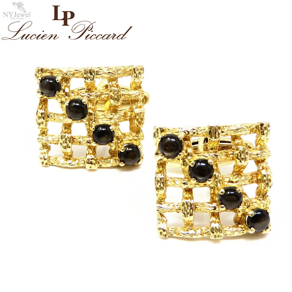 Gemelos NYJEWEL Lucien Piccard oro amarillo 14k estrella negra zafiro grandes a cuadros Foto 1 de 4
