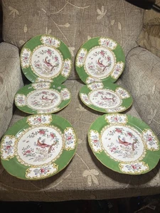 A STUNNING SET OF 6 MINTONS VINTAGE GREEN COCKATRICE DINNER PLATES - MINTON - Picture 1 of 7