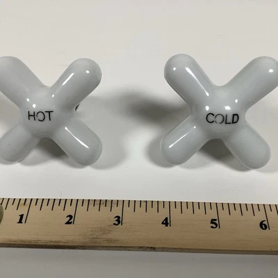 Vintage 2 White Porcelain Cross Handles Faucet Knobs Hot & Cold X Handles - Image 1 of 4