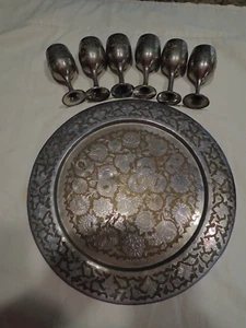 Set of Six Small metal 4" Goblets on 12" wide floral metal tray barware - Picture 1 of 10