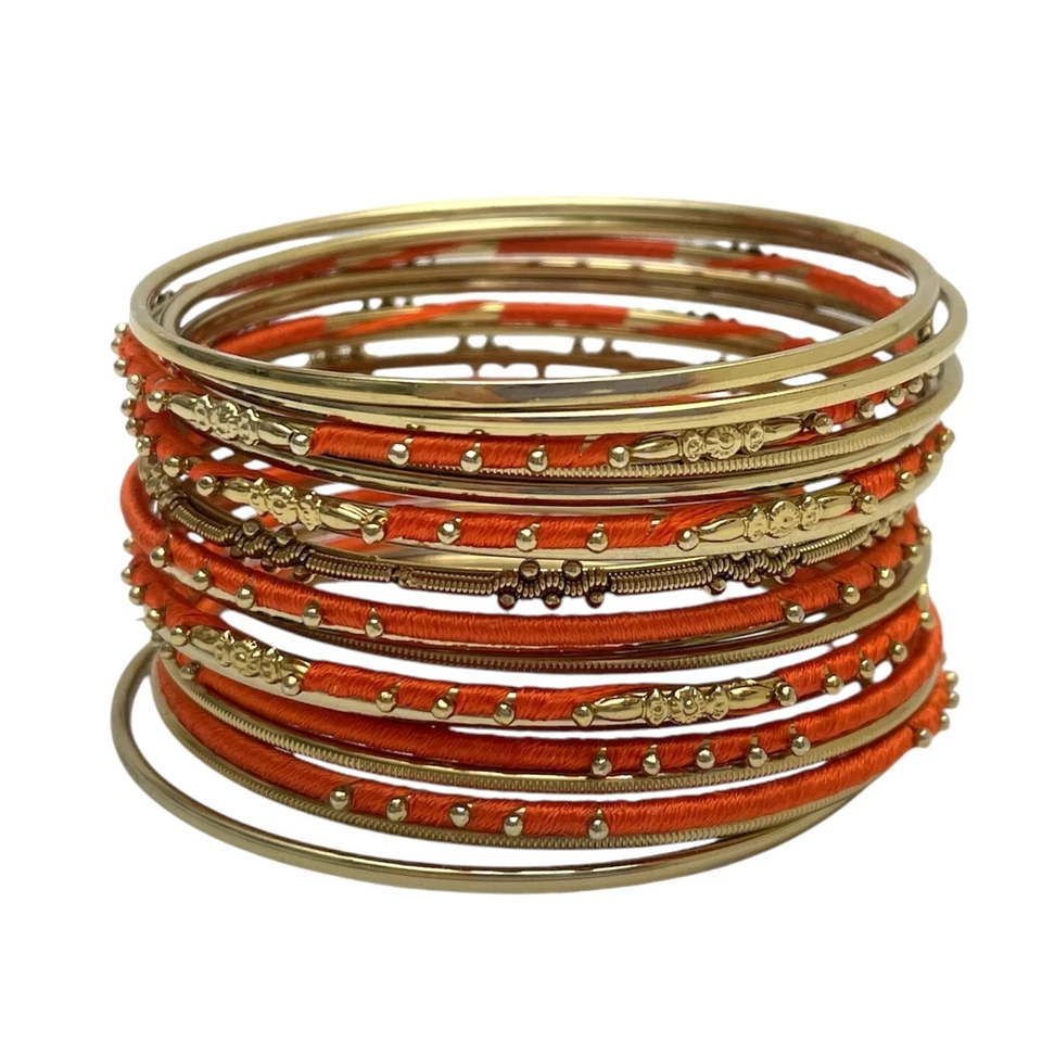Conjunto Brazalete Brazalete Amrita Singh Tono Dorado Envuelto Hilo Naranja 18 Pulseras Foto 1 de 4
