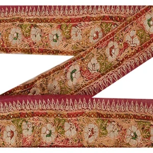 Sanskriti Vintage Dark Red Sari Border Hand Beaded 1 Yd Craft Trim Sewing Lace - Picture 1 of 8