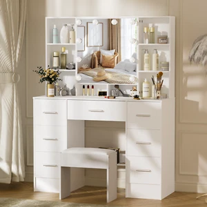 Makeup Vanity Set LED Lighted Mirror Dressing Table Dresser Desk With 7 Drawers - Picture 1 of 17