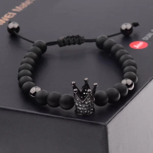 Charm Men Cubic Zircon 24kt Black Plated Crown Bracelet Bead Macrame Bracelets - Picture 1 of 10