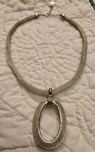 Vintage Crown Trifari Silver Tone Mesh Necklace Oval Hoop Pendant 18-20” Fr Ship - Picture 1 of 8