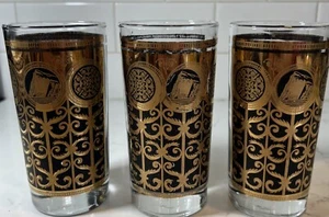 3-Libbey Prudential Rock Of Gibraltar  Tumblers 1965 Black/Gold Drinking Glasses - Picture 1 of 17