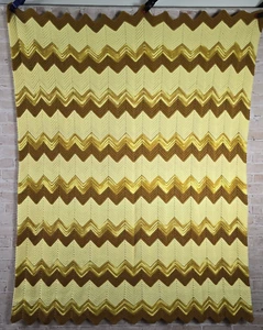 Crocheted Chevron Yellow Afghan Throw Blanket 47" x 58" Vintage Retro Heavy Boho - Picture 1 of 5