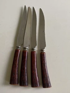 4 Vintage Stainless Steel Steak Knives Bakelite Brown Handled - Bild 1 von 3