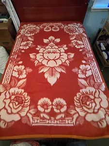 Vintage Orange & Cream Heavy Warm Wool Blanket USSR 76 X 57” Exotic Floral - Picture 1 of 8