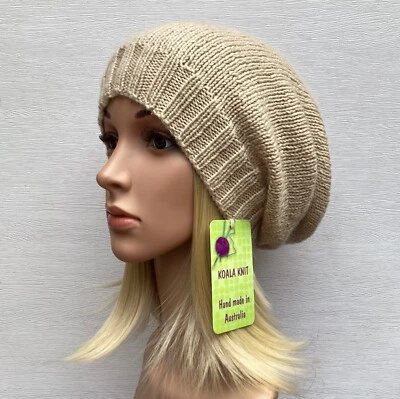 KOALA KNIT HAND KNITTED LADIES SIZE M WHEAT, BLACK, SLOUCHY WOOL-ALPACA BEANIE - image 1 of 4