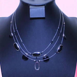 3 Strand Statement Necklace Vintage Black Enamel Silver Tone - Imagen 1 de 7