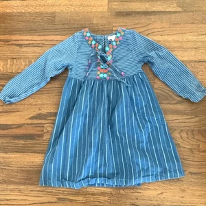 PINK CHICKEN Girls Dress Size 6Y Blue Striped Embroidered Flowers Long Sleeve A9 - Picture 1 of 7