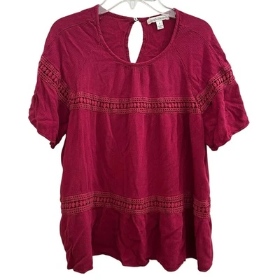 Top campesino fluido en capas John Paul Richard color vino borgoña borde ganchillo L Foto 1 de 4