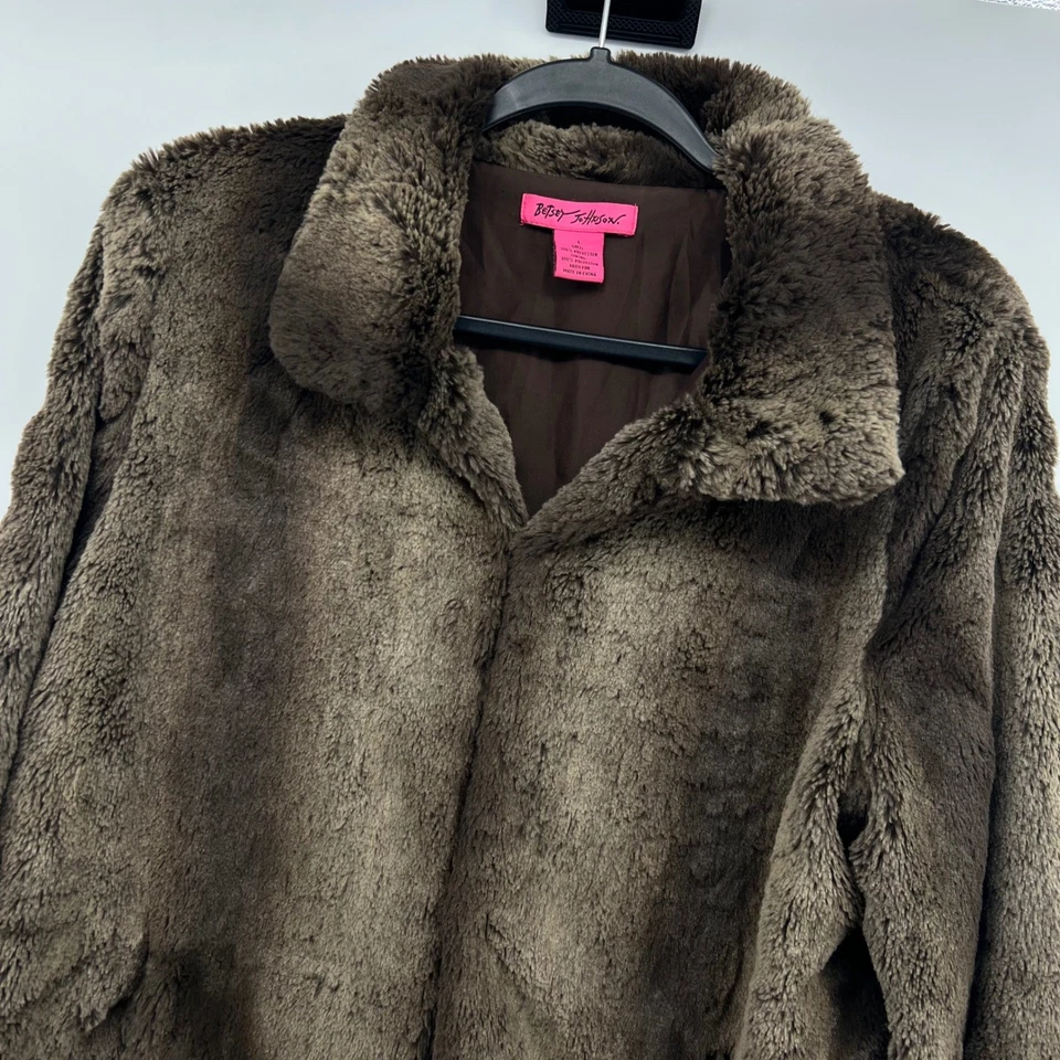 Betsey Johnson Faux Fur Jacket Brown Coat Collared Plush Outerwear Women's Large - Image 1 of 4