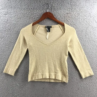 Bebe Sweater Womens Medium Gold V-Neck Metallic Knit Pullover 3/4 Sleeve Top - Image 1 of 4